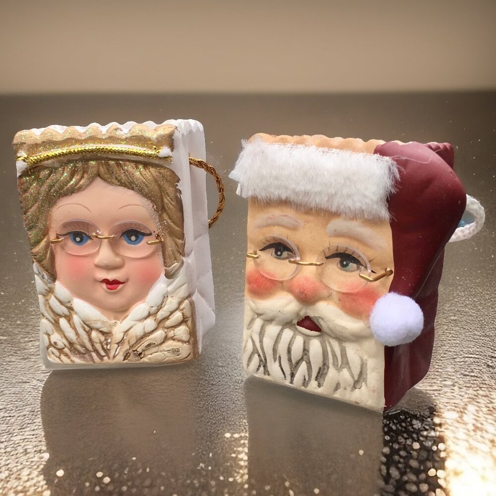 Magic Creations Santa & Mrs. Claus Ceramic Gift Bag Ornaments–1990s–Hand-Painted